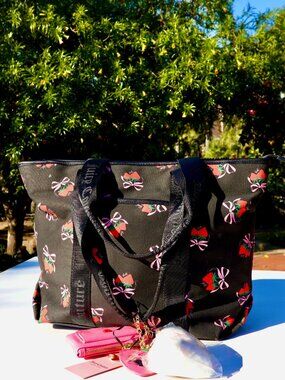NWT Juicy Couture Black Strawberry Print Tote Bag with Pink Charm